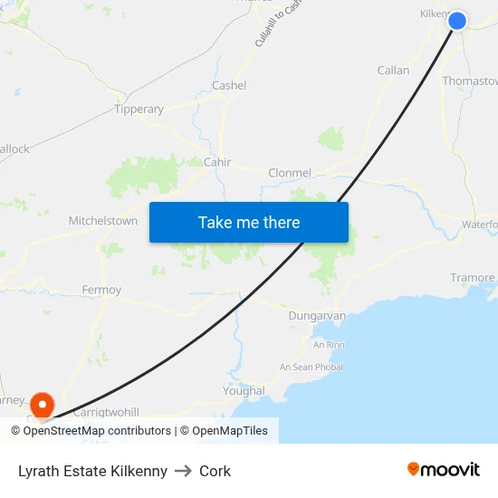Lyrath Estate Kilkenny to Cork map