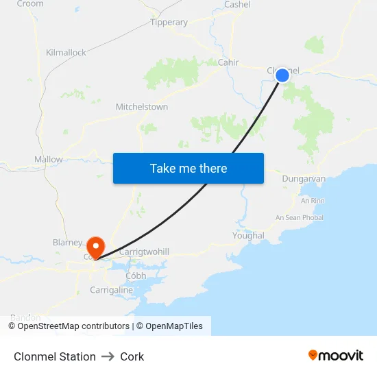 Clonmel Station to Cork map