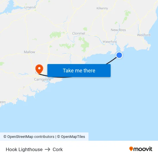 Hook Lighthouse to Cork map