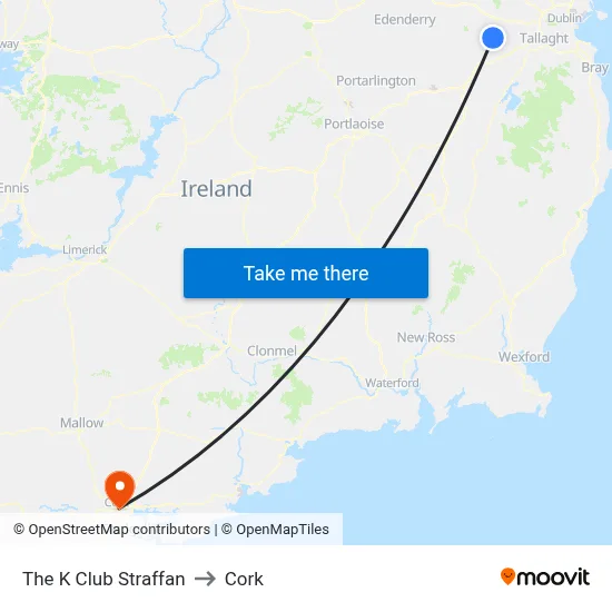 The K Club Straffan to Cork map