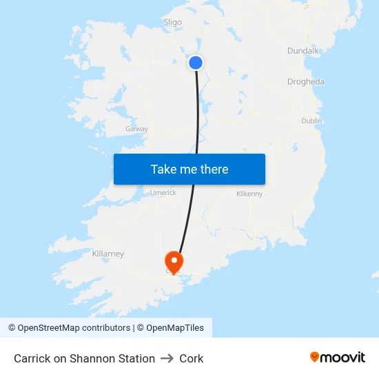 Carrick on Shannon Station to Cork map