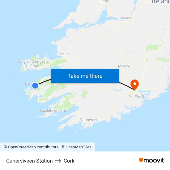 Cahersiveen Station to Cork map