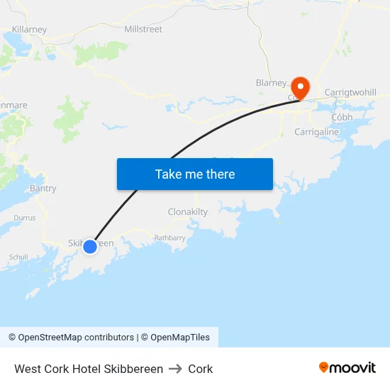 West Cork Hotel Skibbereen to Cork map