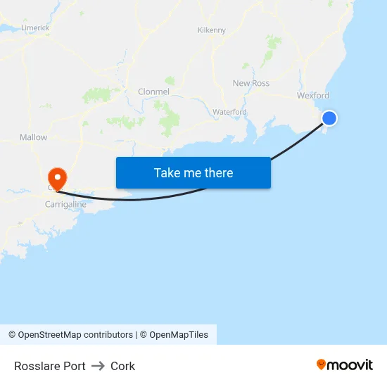 Rosslare Port to Cork map