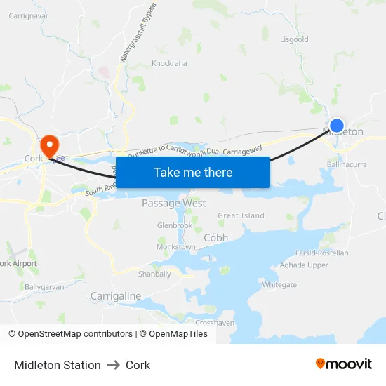 Midleton Station to Cork map
