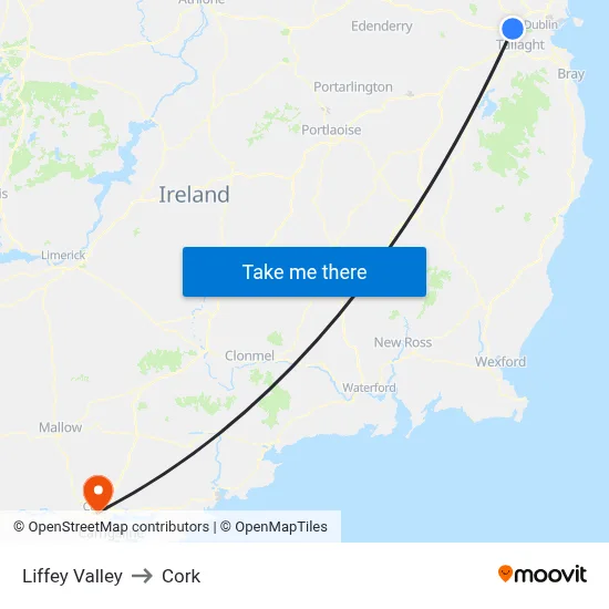 Liffey Valley to Cork map