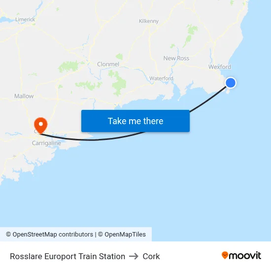 Rosslare Europort Train Station to Cork map