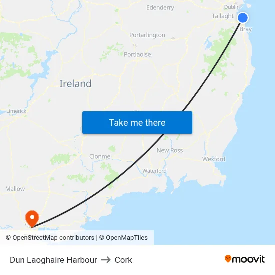 Dun Laoghaire Harbour to Cork map