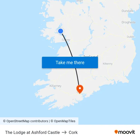 The Lodge at Ashford Castle to Cork map