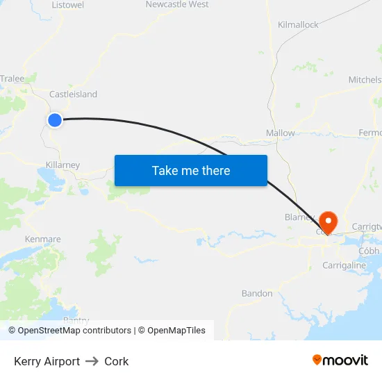 Kerry Airport to Cork map