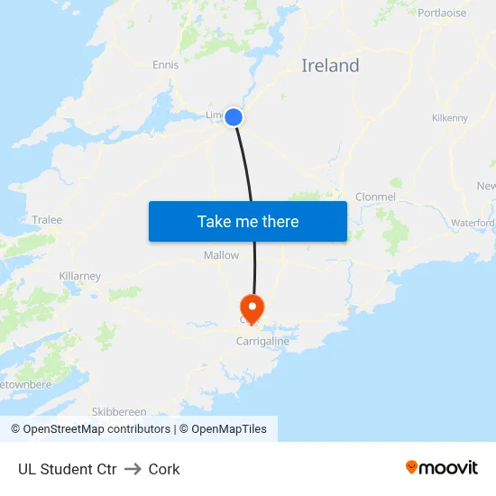UL Student Ctr to Cork map