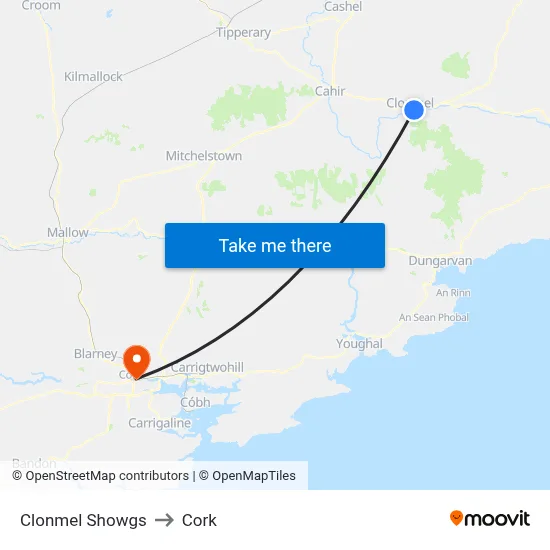 Clonmel Showgs to Cork map