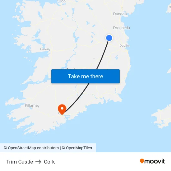 Trim Castle to Cork map