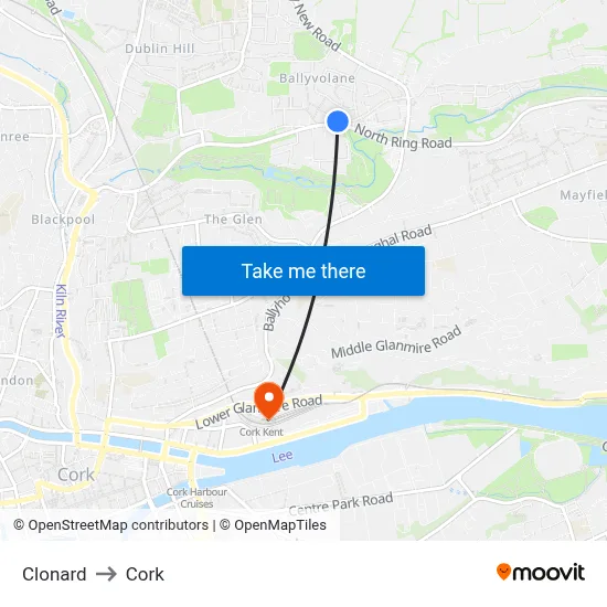 Clonard to Cork map