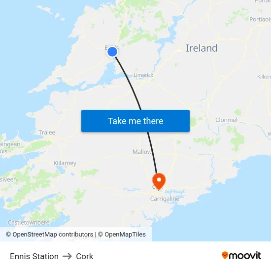 Ennis Station to Cork map