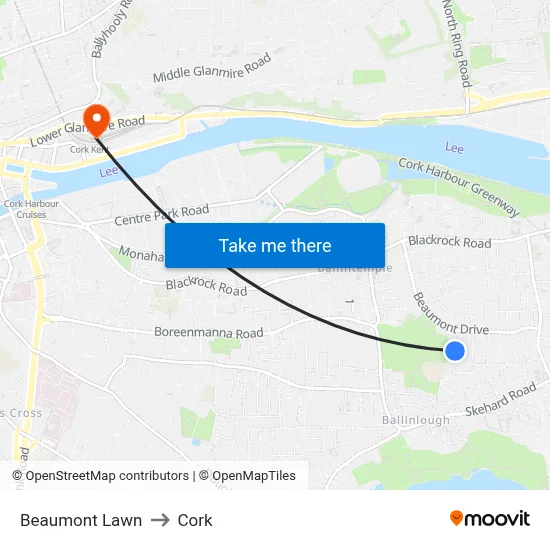 Beaumont Lawn to Cork map