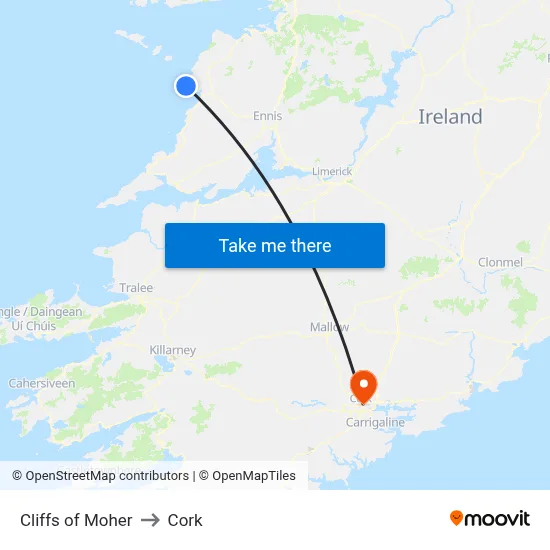 Cliffs of Moher to Cork map