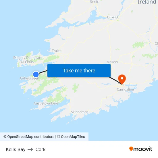 Kells Bay to Cork map
