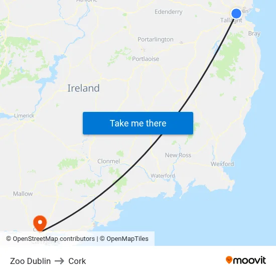 Zoo Dublin to Cork map
