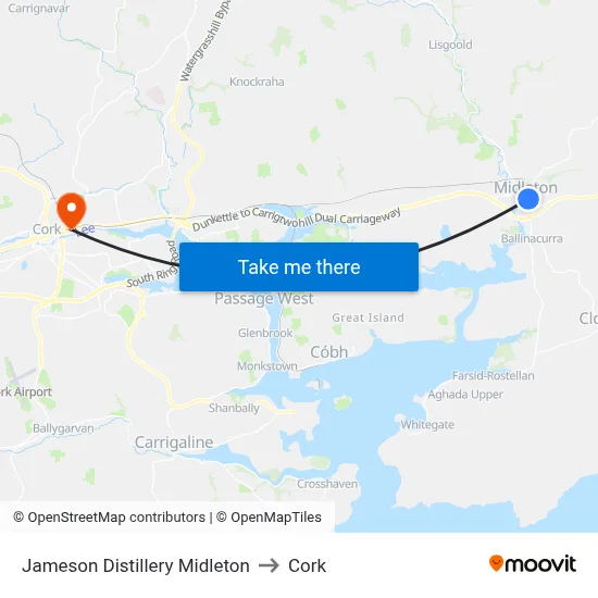 Jameson Distillery Midleton to Cork map