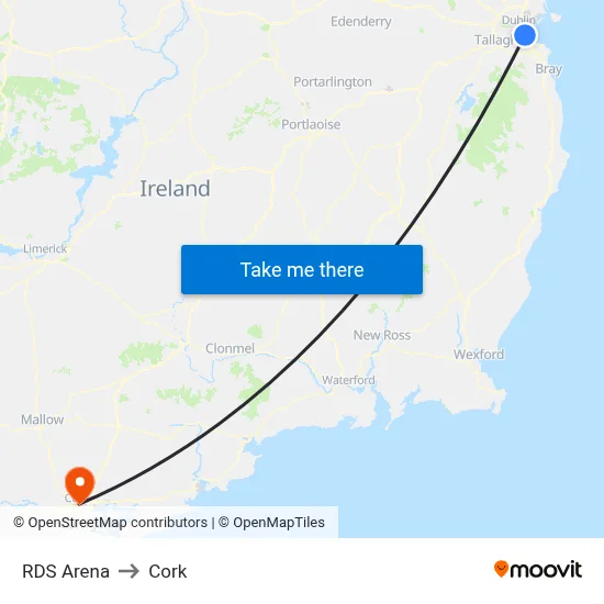 RDS Arena to Cork map