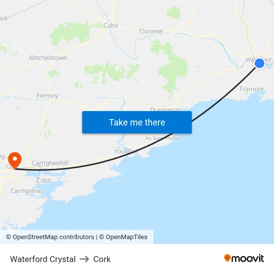 Waterford Crystal to Cork map