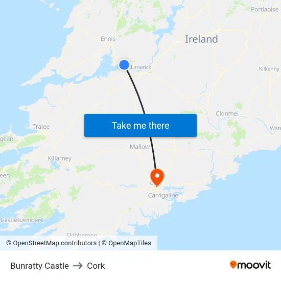 Bunratty Castle to Cork map