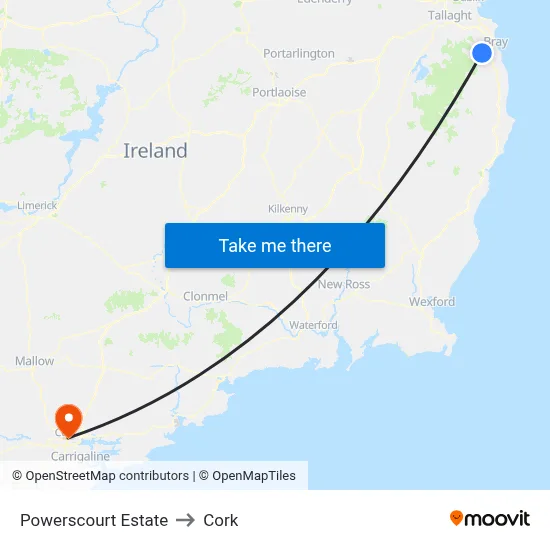 Powerscourt Estate to Cork map