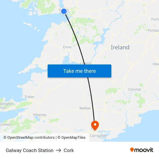 Galway Coach Station to Cork map