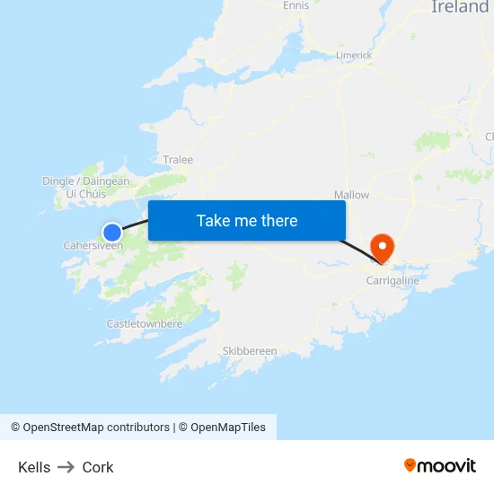 Kells to Cork map