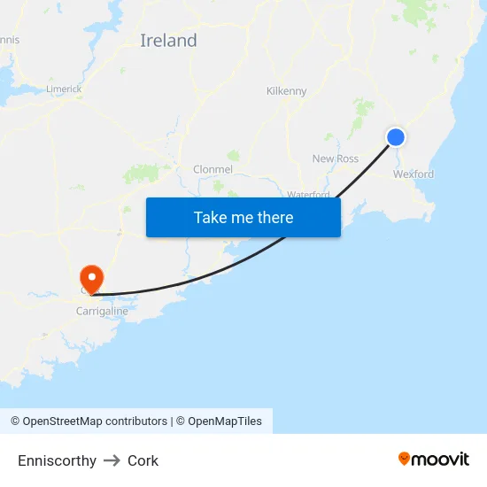 Enniscorthy to Cork map
