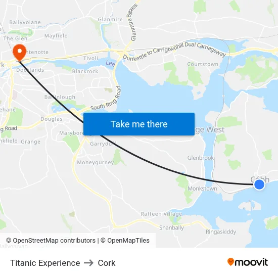 Titanic Experience to Cork map