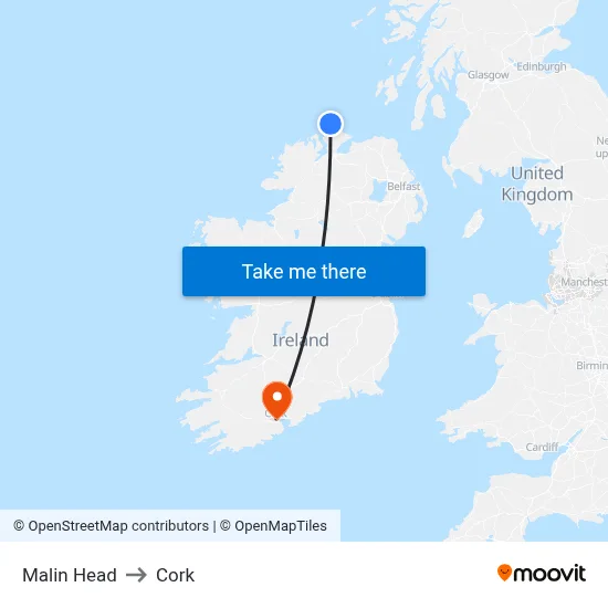 Malin Head to Cork map