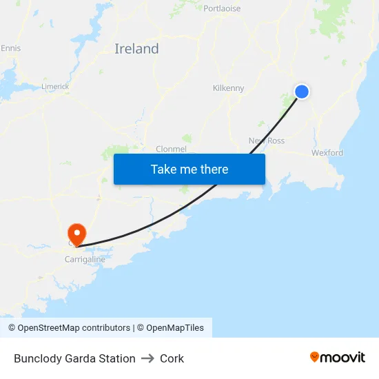 Bunclody Garda Station to Cork map