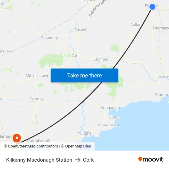 Kilkenny Macdonagh Station to Cork map