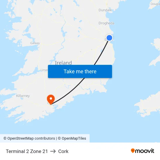 Terminal 2 Zone 21 to Cork map