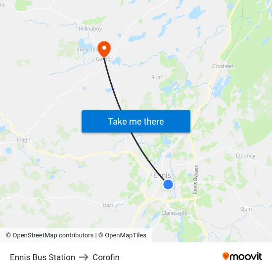 Ennis Bus Station to Corofin map