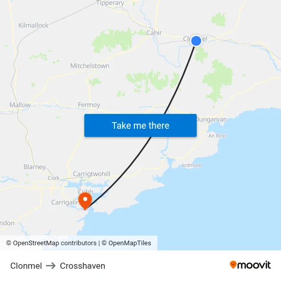 Clonmel to Crosshaven map