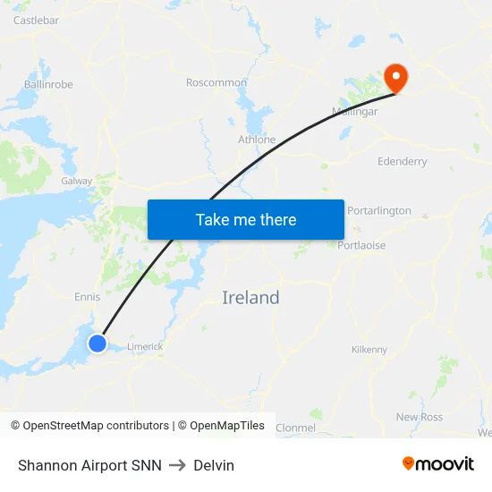 Shannon Airport SNN to Delvin map
