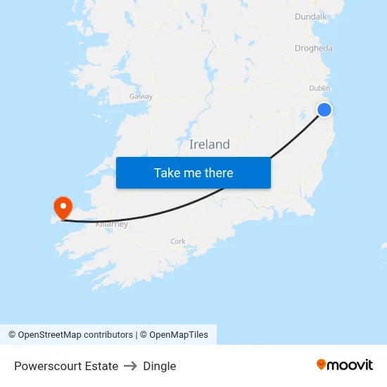 Powerscourt Estate to Dingle map