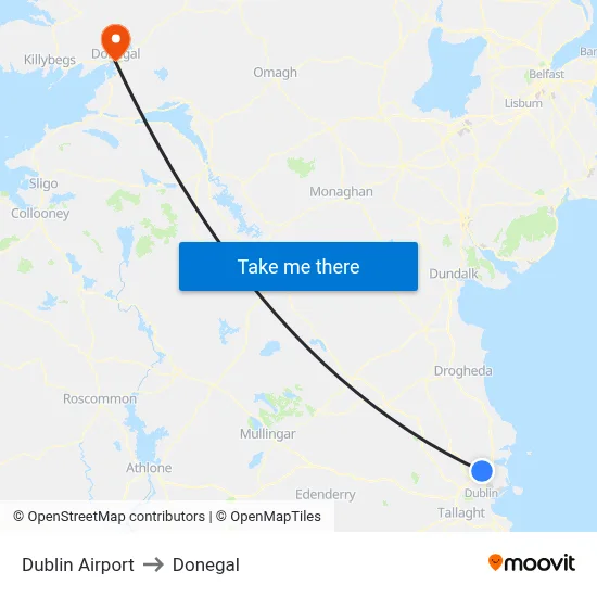 Dublin Airport to Donegal map
