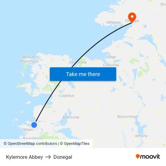 Kylemore Abbey to Donegal map