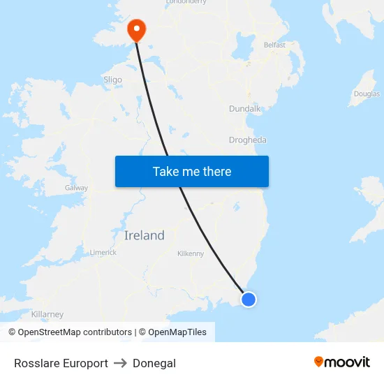 Rosslare Europort to Donegal map