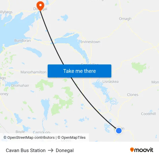 Cavan Bus Station to Donegal map