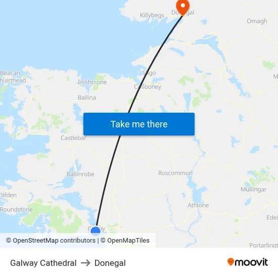 Galway Cathedral to Donegal map