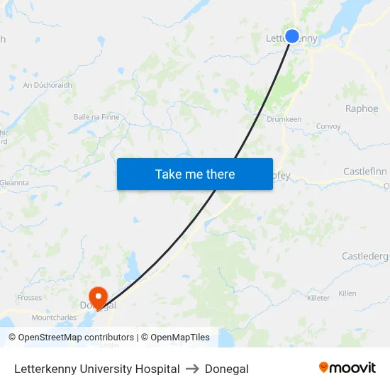 Letterkenny University Hospital to Donegal map