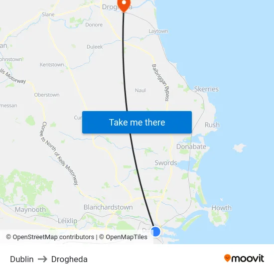 Dublin to Drogheda map