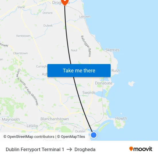 Dublin Ferryport Terminal 1 to Drogheda map