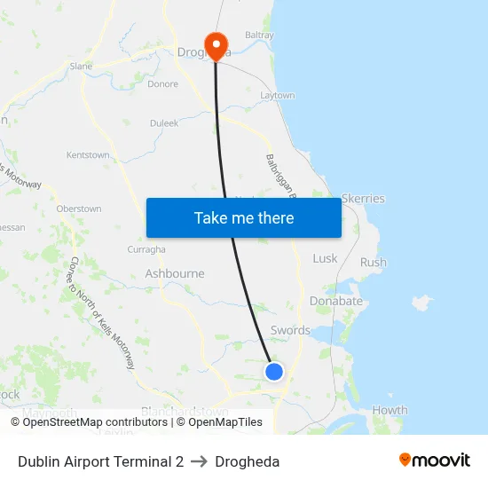 Dublin Airport Terminal 2 to Drogheda map