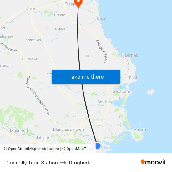 Connolly Train Station to Drogheda map